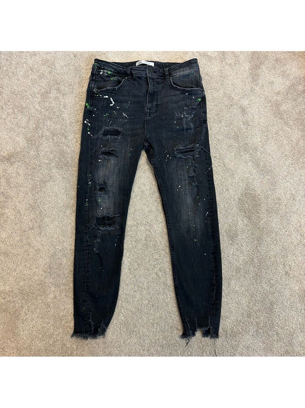 Zara Men’s black Skinny jeans with paint splatter and ripped detailing Sz 31